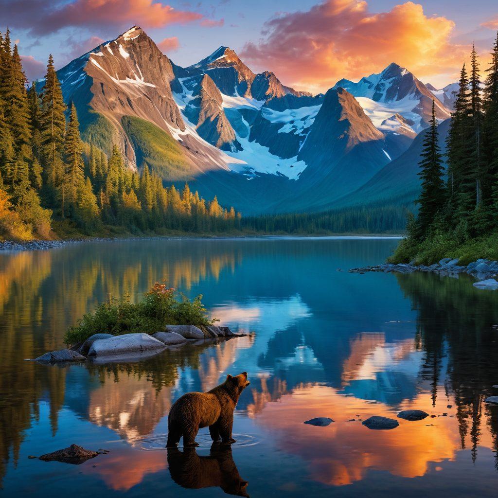 A breathtaking Alaskan landscape featuring majestic mountains, lush forests, and a serene glacial lake reflecting the sky. Include a blogger capturing the scene with a camera, surrounded by wildlife such as bears and eagles. The atmosphere is vibrant with the warm glow of a setting sun, evoking a sense of adventure and discovery. super-realistic. vibrant colors. 3D.