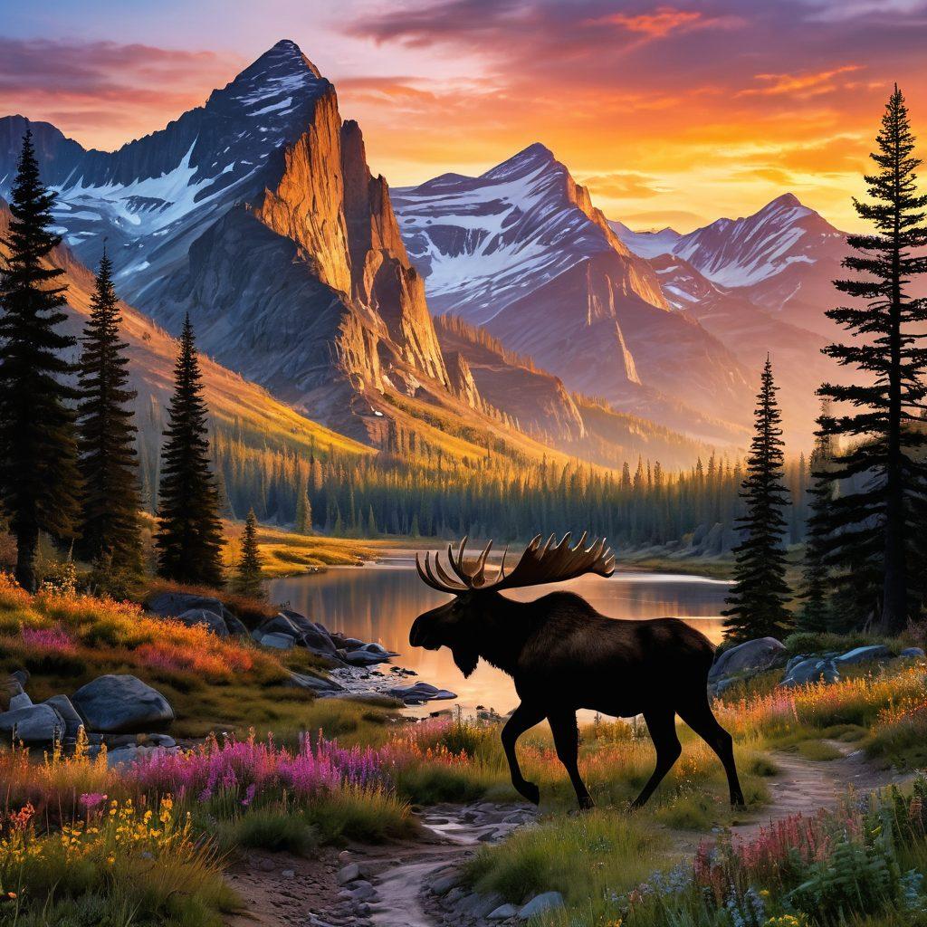 A breathtaking landscape showcasing majestic mountains under a colorful sunset, with a silhouette of a moose grazing in the foreground. Include a winding trail representing adventure and exploration, with elements of nature like pine trees and wildflowers. The scene should convey authenticity and the spirit of the Last Frontier, inviting wanderlust. super-realistic. vibrant colors. peaceful atmosphere.