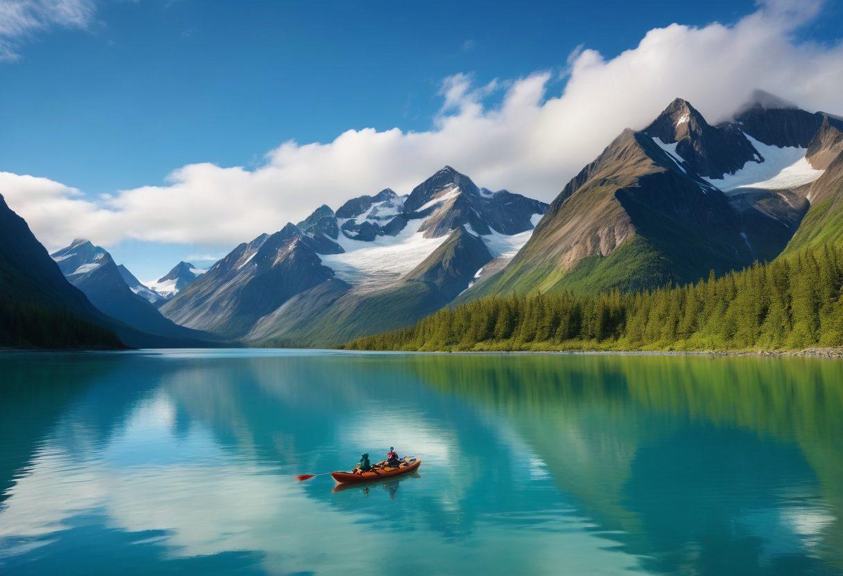 A breathtaking scene of Alaska's rugged landscape featuring towering snow-capped mountains, lush green forests, and a serene blue glacial lake. In the foreground, a group of diverse local bloggers capturing the beauty with cameras while engaged in outdoor activities like kayaking and hiking. Add a clear sky with fluffy white clouds and a vibrant rainbow capturing the spirit of adventure. super-realistic. vibrant colors. 3D.